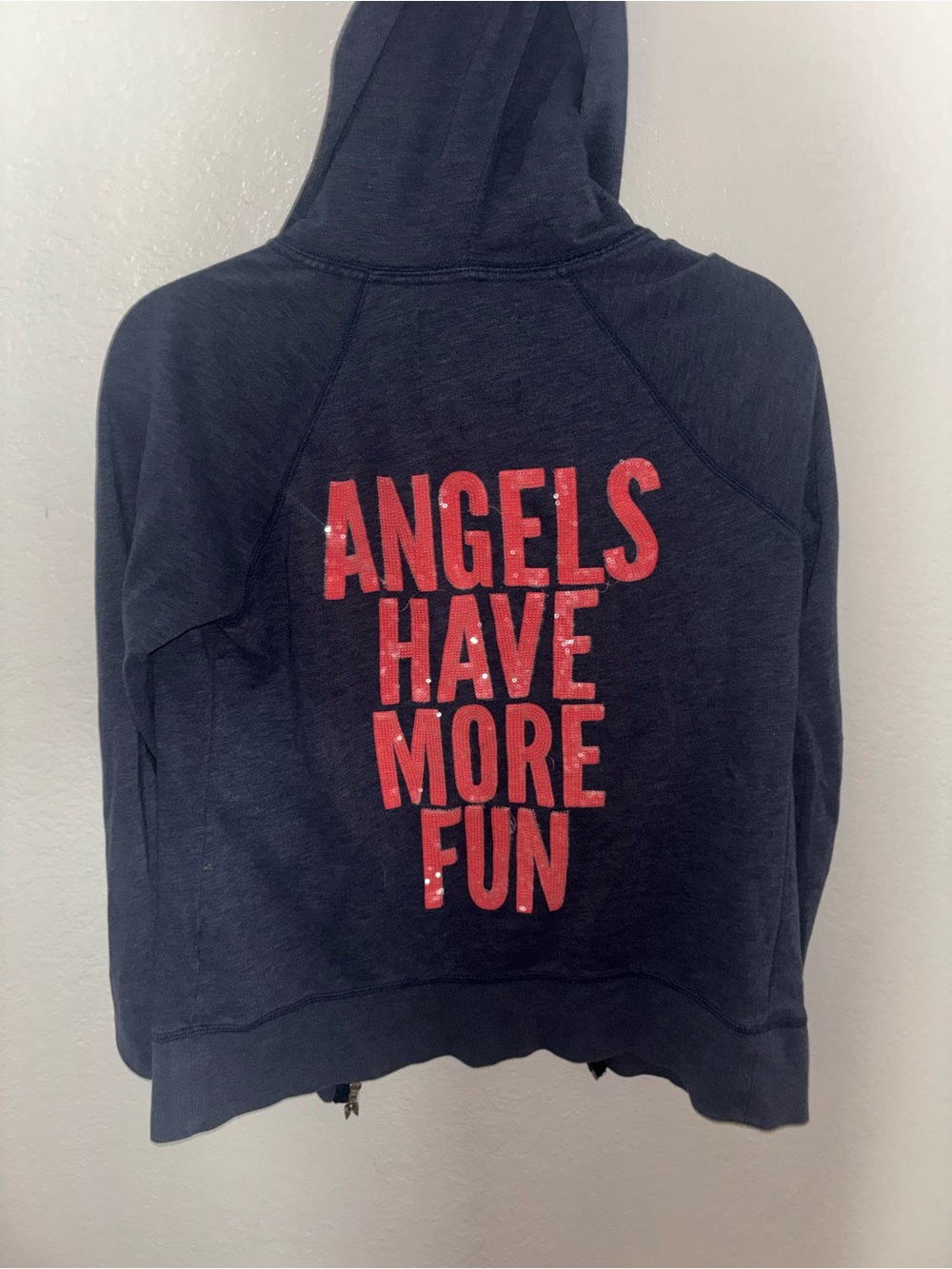 Vintage VS Navy Hoodie with Coral Sequin "Angels Have More Fun" Graphic